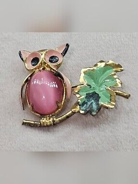 Vintage Pink Owl Brooch with Green Enamel Leaf and Goldtone